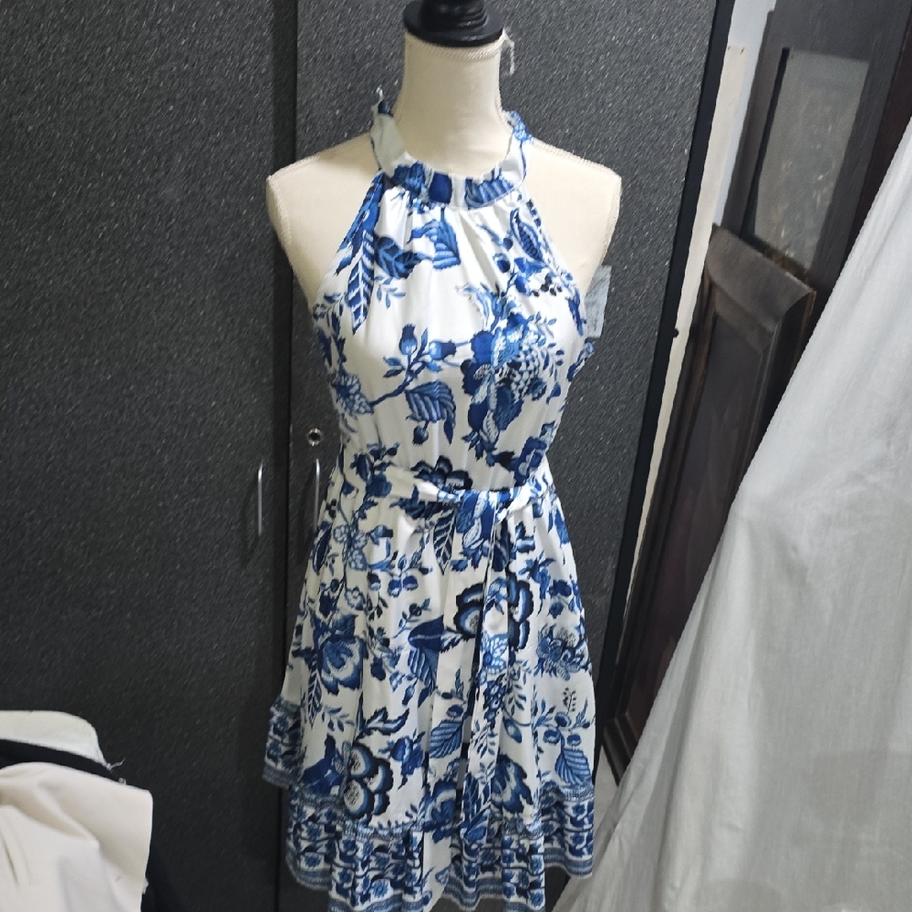 SHEIN Blue and White Floral Halter Dress